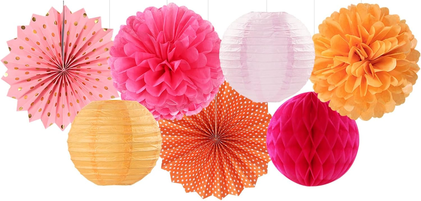 Hot-Pink Burnt-Orange Party-Decorations Streamers Lanterns - 14pcs Fall Birthday Baby Shower Paper Honeycomb Fan,Tissue Pom Poms, Autumn Thanksgiving Bridal Wedding Graduation Decor Ouruola