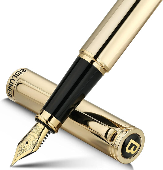 BEILUNER Gold Fountain Pen,Stunning Luxury Pens with 24K Gold Finish, Gorgeous 24K Gilded Nib(Fine), Trustworthy Pen Gift for Men&Women -Ink Converter-Elegant, Professional, Nice Pen for Writing