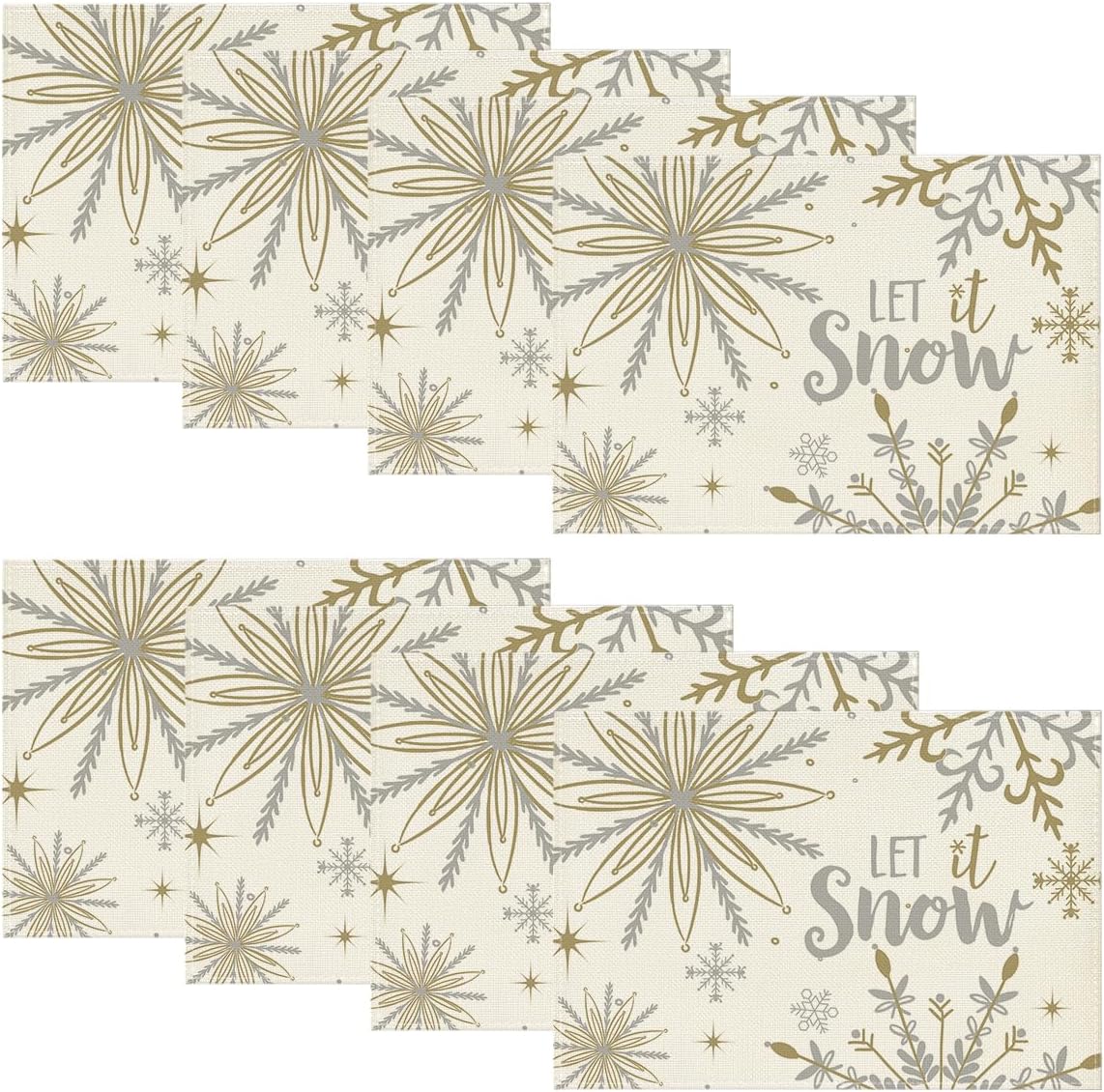 Artoid Mode Beige Snowflake Let It Snow Winter Placemats Set of 8, 12x18 Inch Seasonal Christmas Table Mats for Party Kitchen Dining Decoration