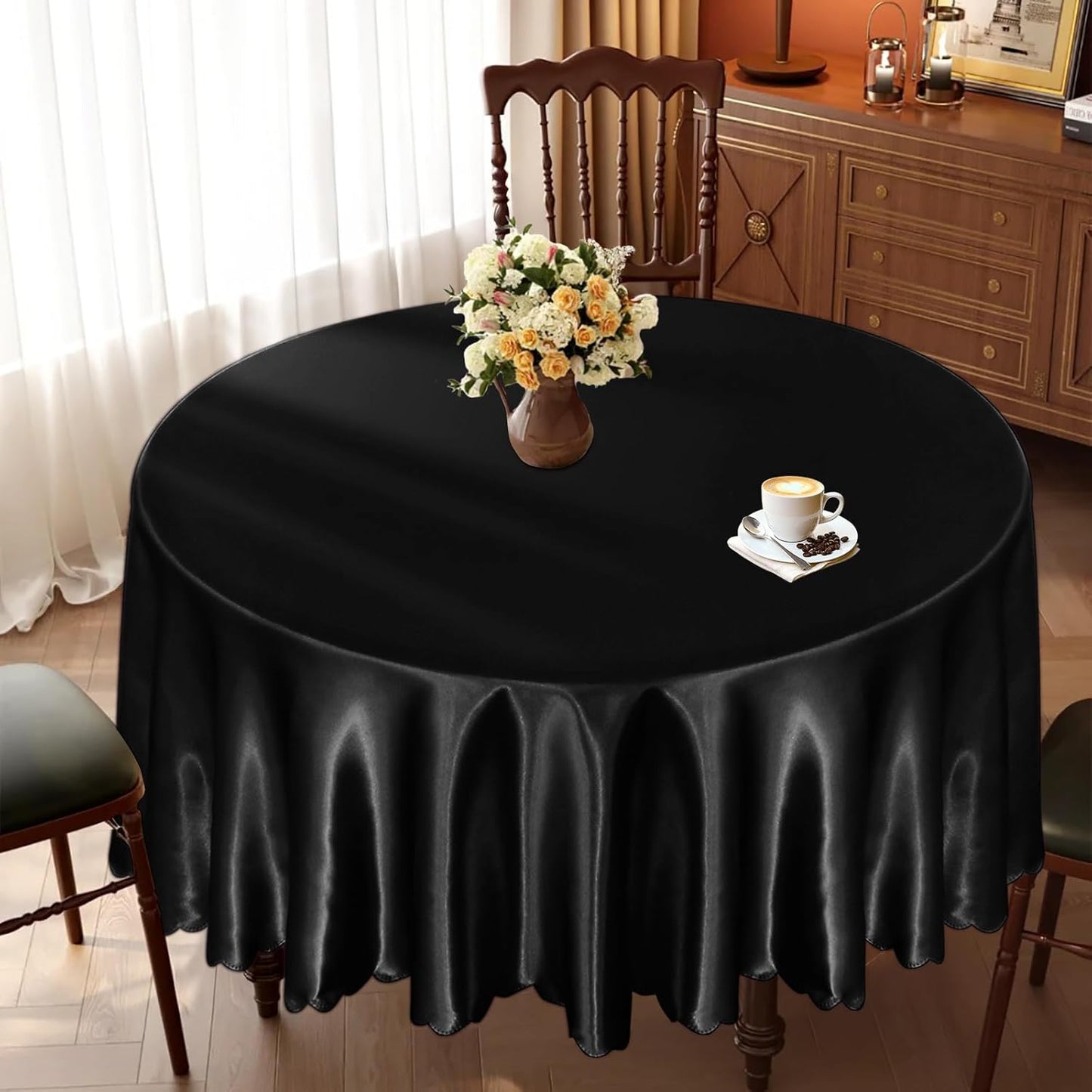 KKJIAF 1 Pack 60 Inch / 5ft Round Table Cloth, Black Overlay Round Satin Table Cover, Silky Satin Dining Tablecloths for Wedding Buffet Parties Banquet Decoration