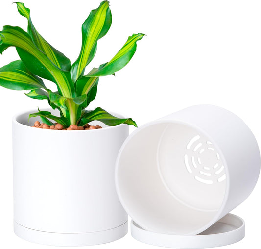 D'vine Dev 2 Pack 5.5 Inch Modern Plastic Plant Pots, Small Garden Planters for Plant with Drainage Holes and Saucers, White Color, 74-Z-H-1