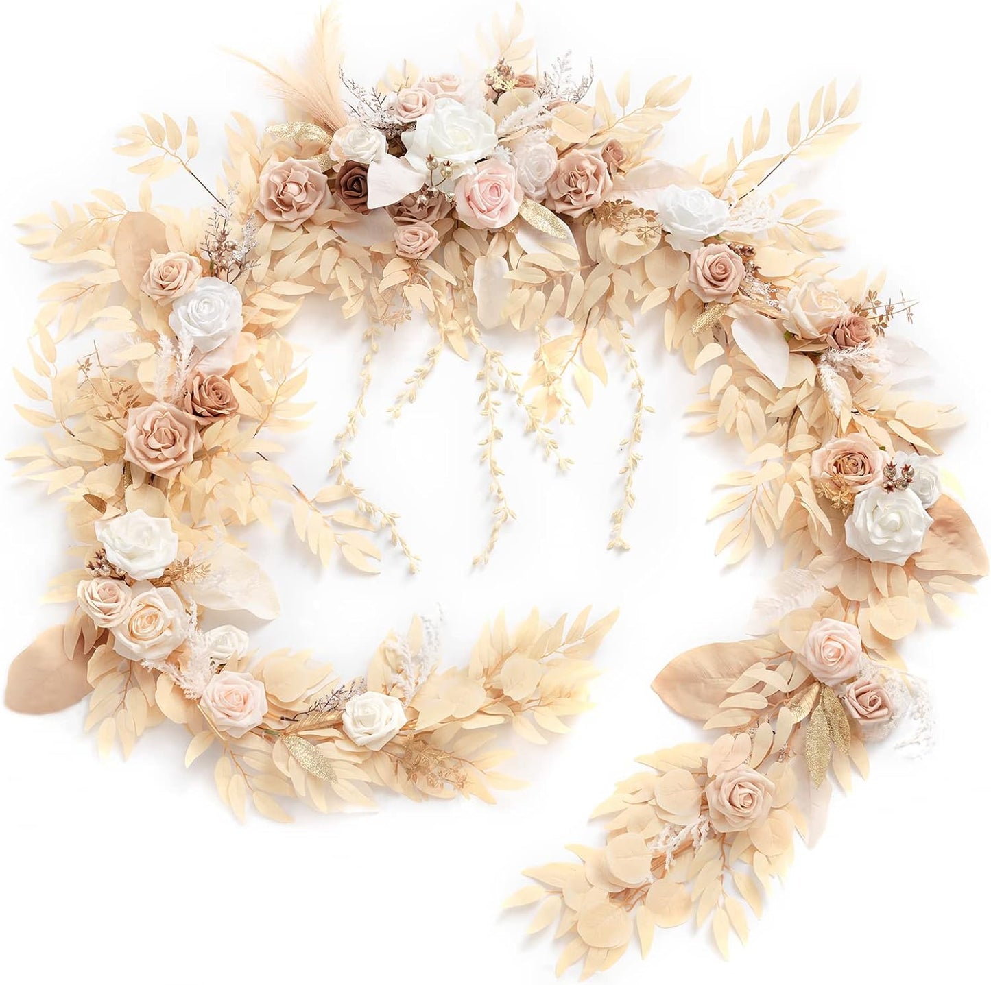 Ling's Moment 9FT Flower Garland for Backdrop Decorations - Wedding Arch Flowers, Eucalyptus & Rose, Artificial Floral Garland for Mantel - Sweetheart Table Decor for Ceremony Reception, White & Beige