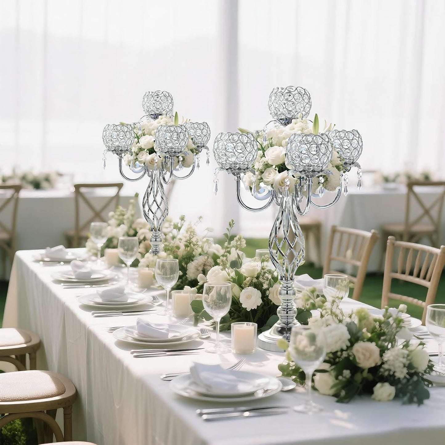 5-Arm Crystal Candelabra Centerpiece 23.2" Tall - Elegant Candle Holder Stand with Crystal Bowl, Chic Table Decor for Weddings, Parties, Anniversary & Home Decoration (4, Silver)