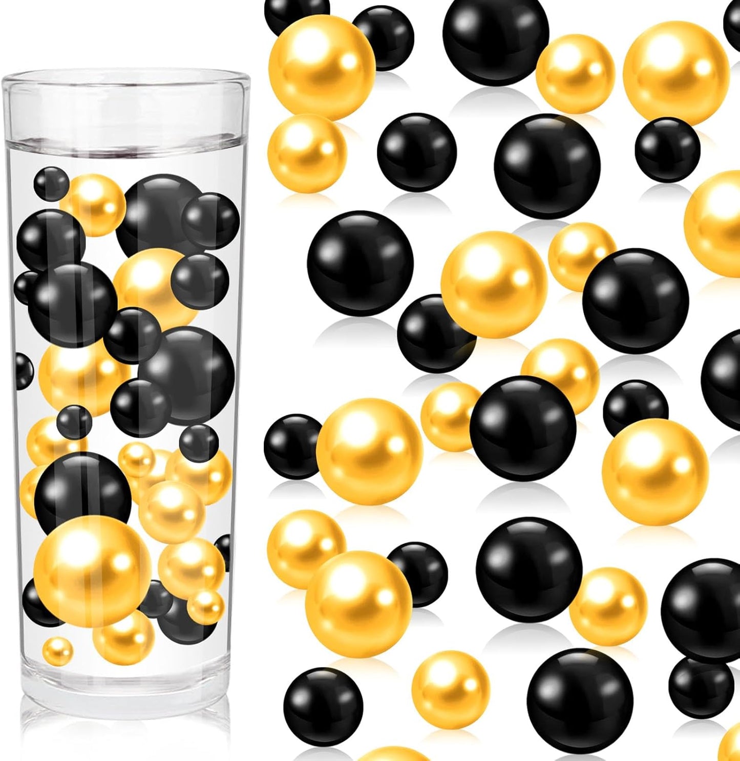 100PCS Black Gold Faux Pearls Beads for Centerpiece Vases, Vase Filler Faux Pearls, No Holes Filler Beads for Party Anniversary Graduation Table Decor, 14/20/30mm