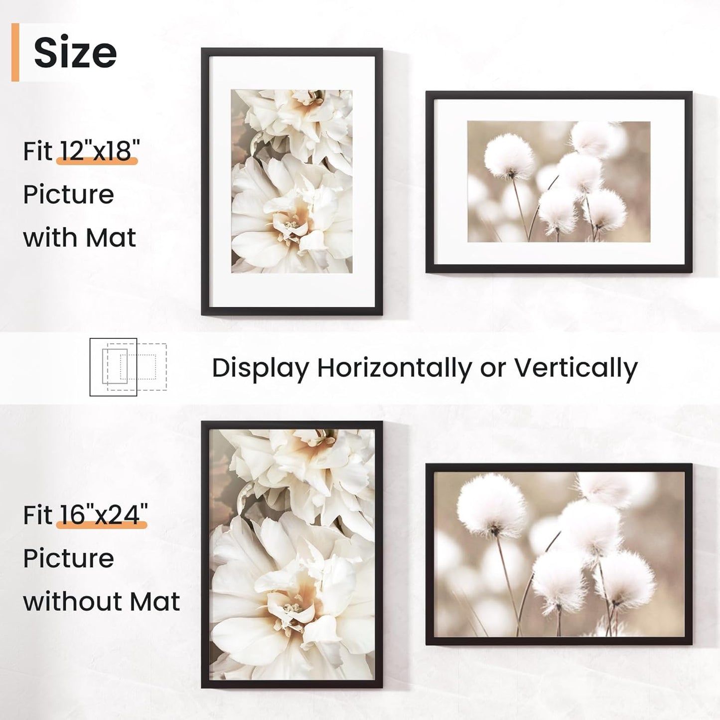 16x24 inch Picture Frame, 16x24 Photo Frames with 12x18 Removable Mat - High Definition Plexiglass - Vertical and Horizontal Display - Wall Hanging Poster Frame - Black, 3 Pack