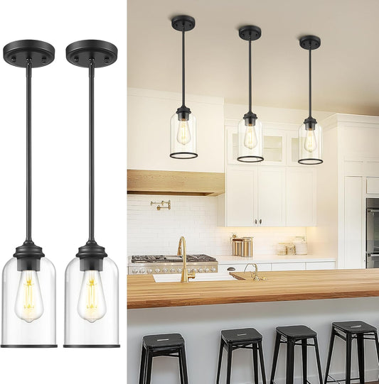 LIROUVET 2 Pack Pendant Lights Kitchen Island, Modern Pendant Lights, Black Hanging Lamp with Clear Glass, Industrial Pendant Light Fixtures for Dining Room PL02 CLBK-2PK