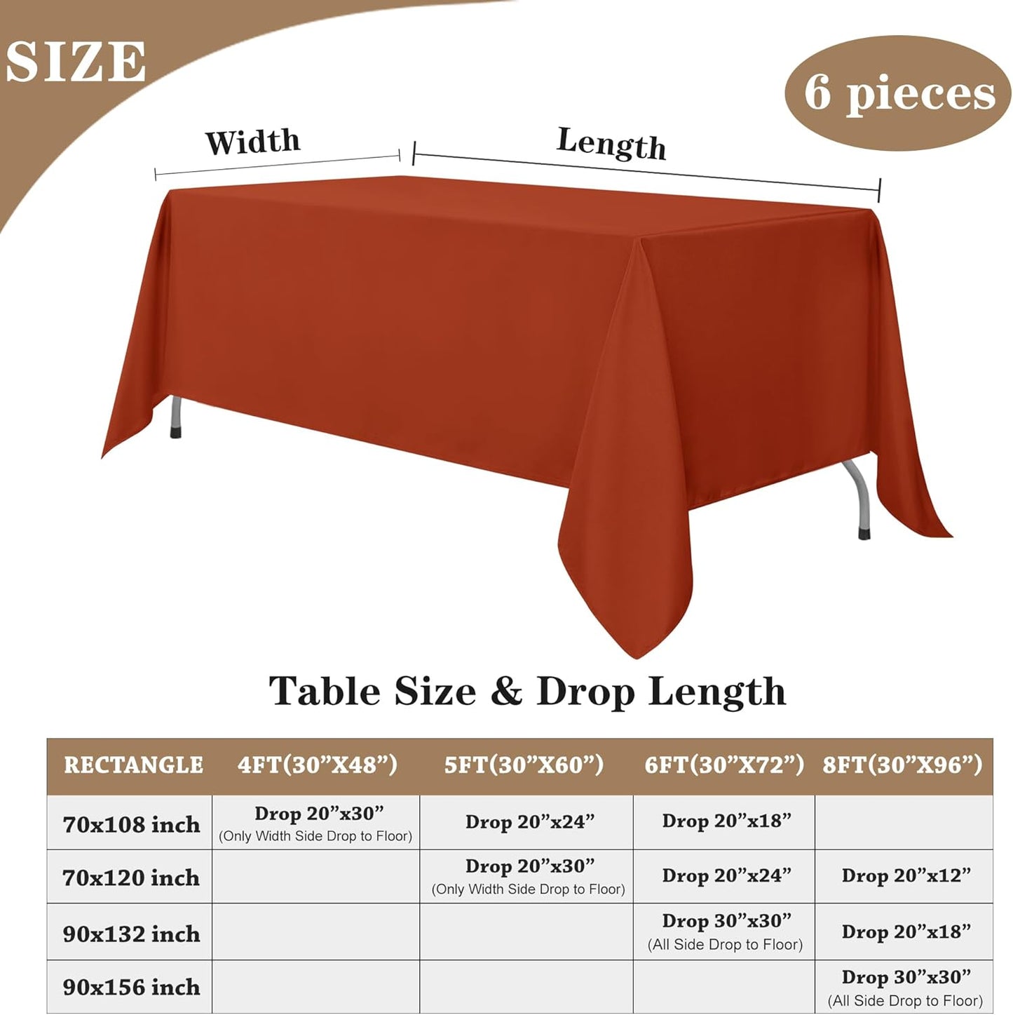 Fitable Rust Tablecloths for Rectangle Tables, 6 Pack - 70 x 120 Inches - Reusable and Washable Fall Table Clothes for 6-8 Ft Tables, Polyester Fabric Table Covers for Wedding, Party, Banquet