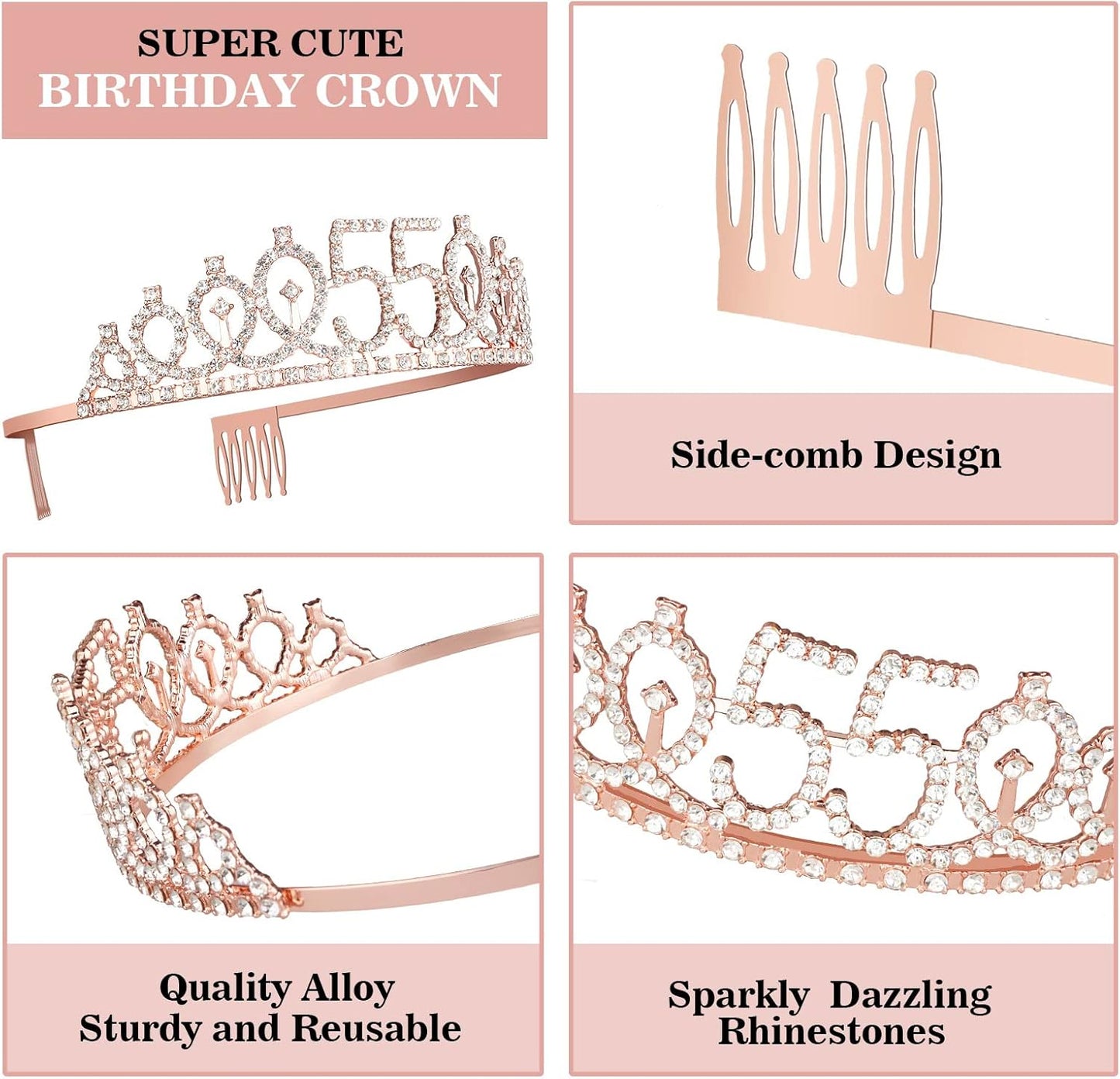 55 Birthday Decorations for Women Including Sash, Tiara, Numeral Candles and Cake Topper, 55th Birthday Gifts for Women, Rose Gold Party Favor Supplies