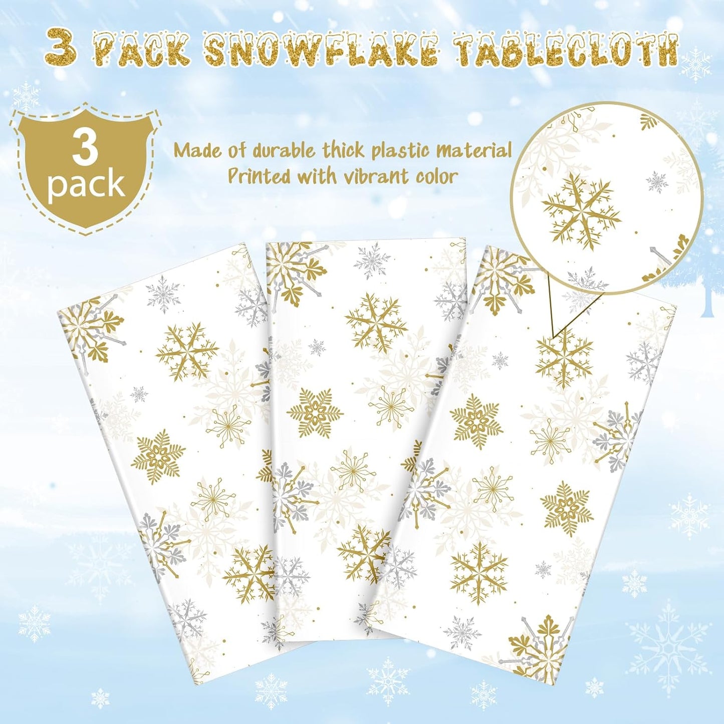 Jectivs 3Pcs Christmas Snowflake Party Tablecloths Decorations,Plastic White and Gold Table Cloth,Winter Rectangle Cover for New Year Birthday Baby Shower Holiday Decorations,54x108 inch