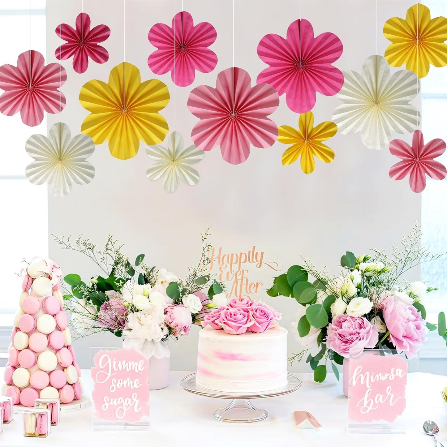 BestoFun 12 PCS Paper Flowers Fans Pink and Yellow Party Decorations Paper Flowers Decorations for Wall Girl Groovy Birthday Baby Shower Wedding Bachelorette Room Hanging Décor