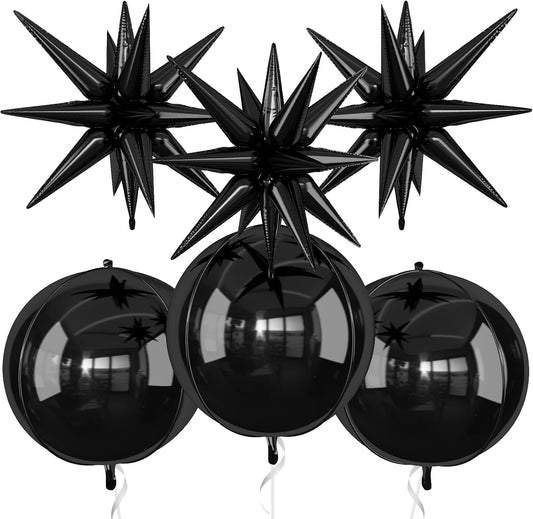 6Pcs Black Foil Balloons,22Inch Black 4D Round Ball Balloon and Explosion Star Balloon for Birthday Wedding Baby Shower Anniversary Graduation Decorations