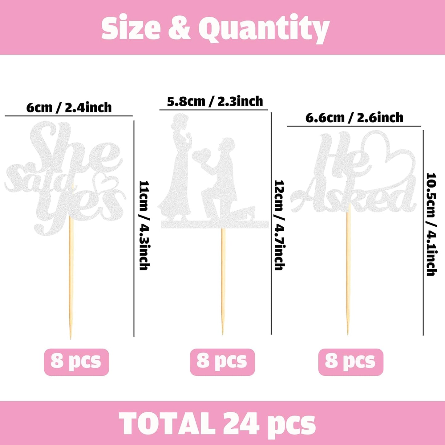 Sotpot 24PCS He Asked She Said Yes Cupcake Toppers With Heart Silver Glitter for Wedding Bridal Shower Wedding Engagement Party Cake Decorations