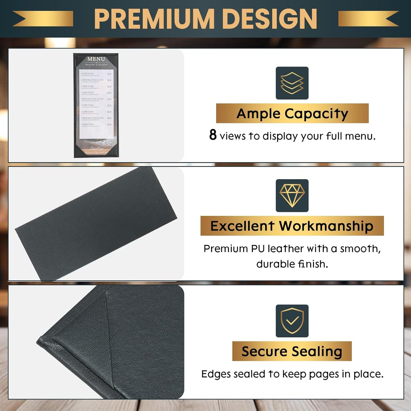 12 Pack 1 View Menu Holder Menu Covers 4.25" x 11" | Black Leather Menu Sleeves Book Style for Restaurant Coffee Bars Wine List