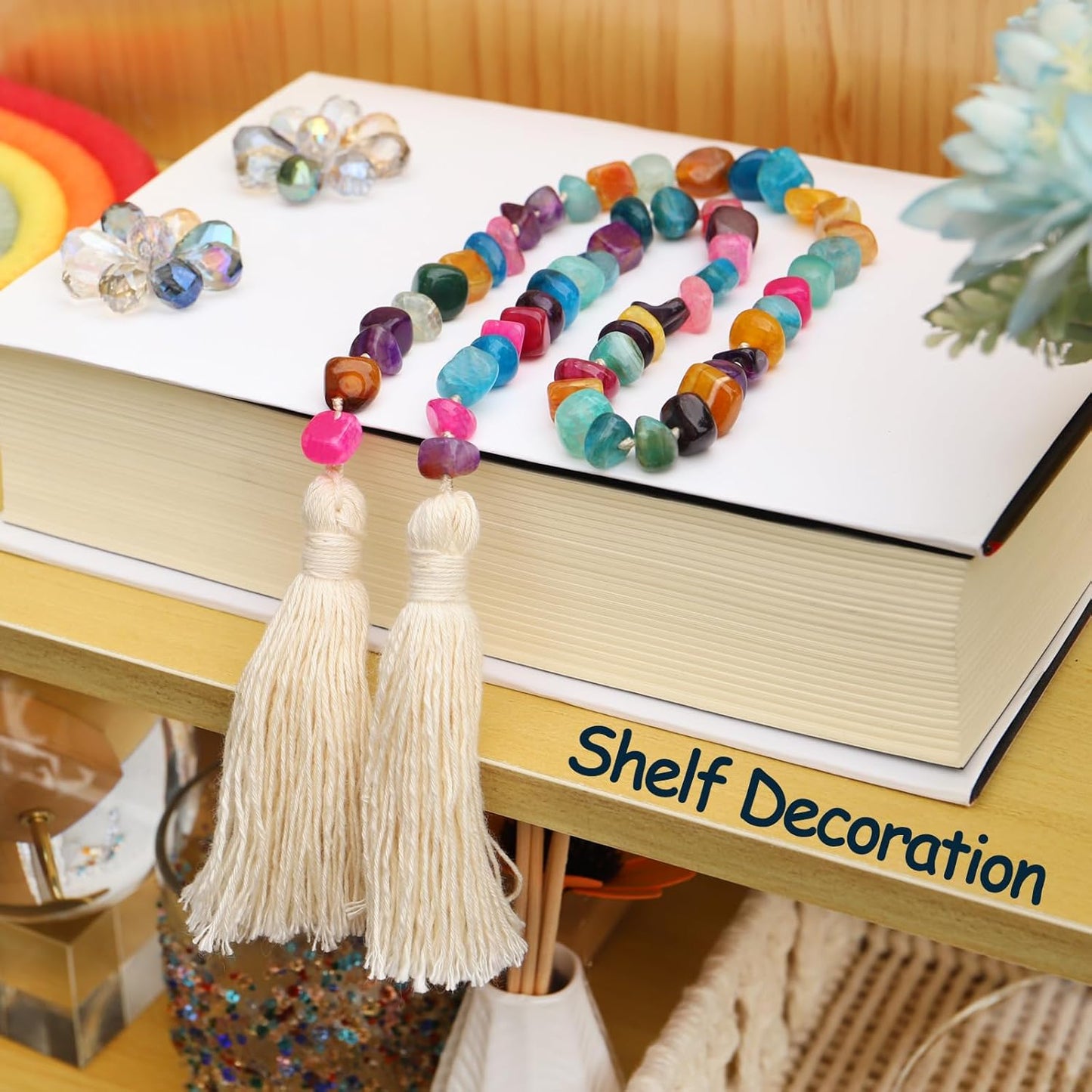 Agate Stone Hand Knotted Garland Modern Farmhouse Rustic Table Home Decor, 30inch Meditation Accessories with Tassel, Prayer Healing Beads Boho Wall Shelf Hanging Decoration (Deep Multicolor)