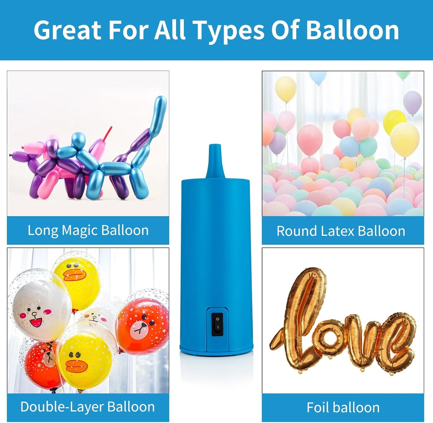 Electric Balloon Pump, Air Pump - Portable Inflator, Air Pump for All Balloons, Long Animal Twisty Curly Balloon, Foil Balloons, Inflador De Globos for Birthday Party, Kids' Party (Sky Blue)