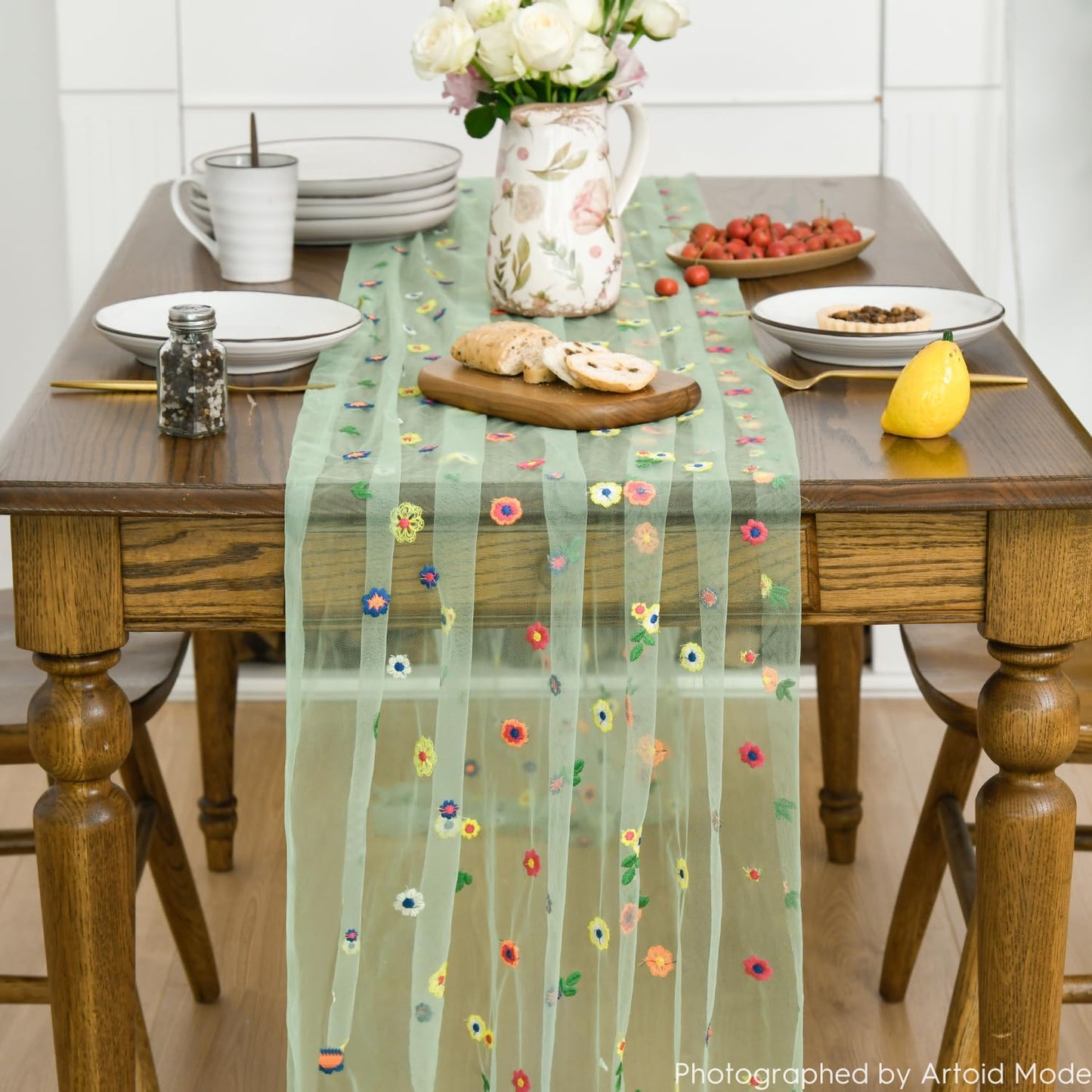 Artoid Mode 3PCS Sage Green Embroidery Daisy Gauze Table Runner 120 Inch 10FT, Seasonal Sheer Dining Holiday Wedding Birthday Table Decor for Home Party