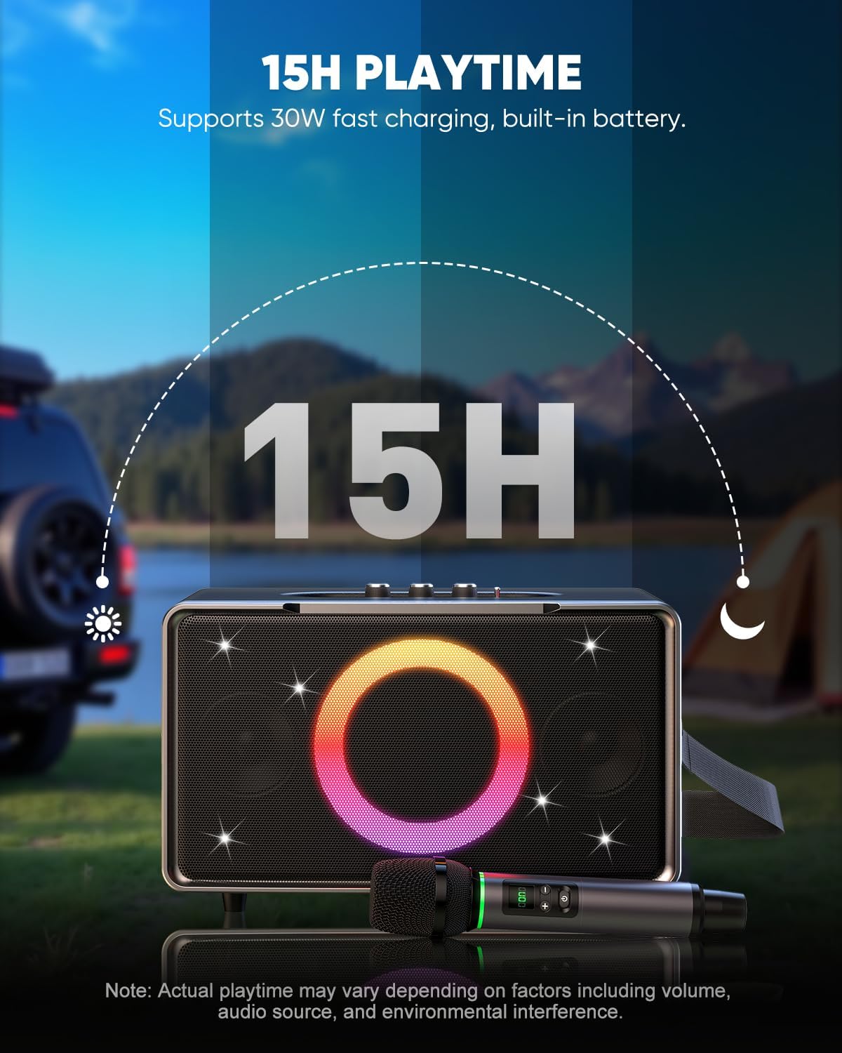 GFEEN Portable Bluetooth Speaker: 200W Peak, Deep Bass, 15H Playtime, Large Party Wireless Speakers, Powerful Loud Sound, Light Show, Fast Charging for Outdoor, Backyard, Home(Silver with 1Mic)