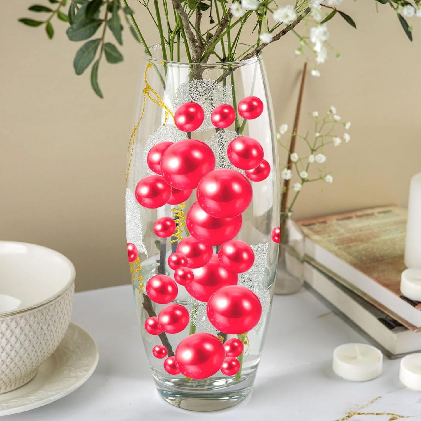 100PCS Watermelon Red Faux Pearls Beads for Centerpiece Vases, Vase Filler Faux Pearls, No Holes Filler Beads for Party Anniversary Birthday Wedding Table Decor, 14/20/30mm