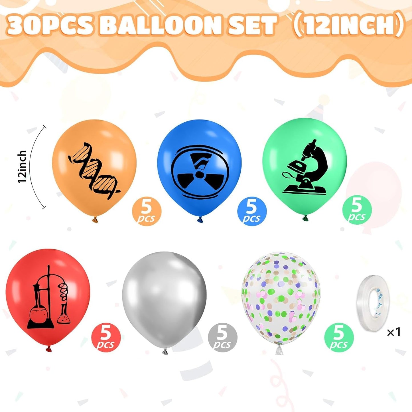 Science Party Balloons, 12 Inch Dark Light Blue Red Green Orange Metallic Silver Colorful Confetti Party Balloons for Boy Girl Science Birthday Party Decorations Baby Shower Lab Classroom Backdrop