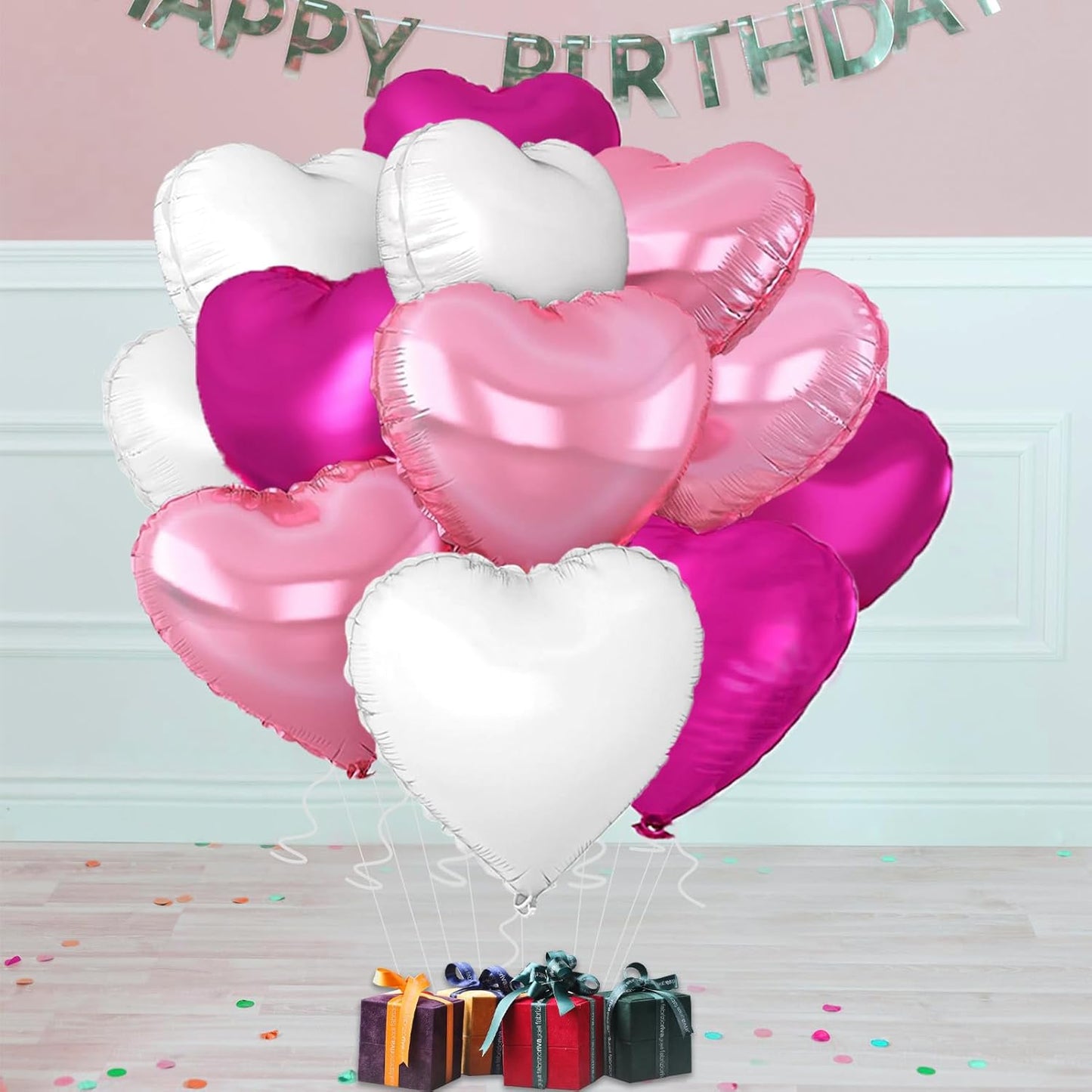 Rose Heart Balloons,18inch Bright Pink Heart Shaped Foil Balloons & White Helium Mylar Balloon for Anniversary Wedding Engagement Birthday Party Baby Shower Decorations(12Pcs)