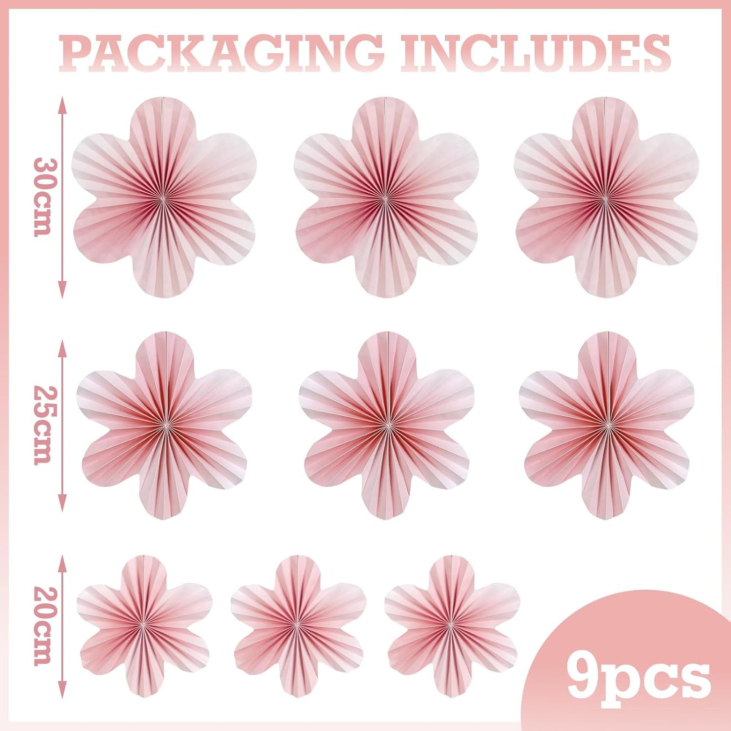 SUNBEAUTY 9 PCS Pink and Cherry Blossom Party Decorations Pink Paper Fans Decor Sunset Party Floral Backdrop Decoration Hanging Paper Flowers for Wall Birthday Wedding Baby Shower Supplies