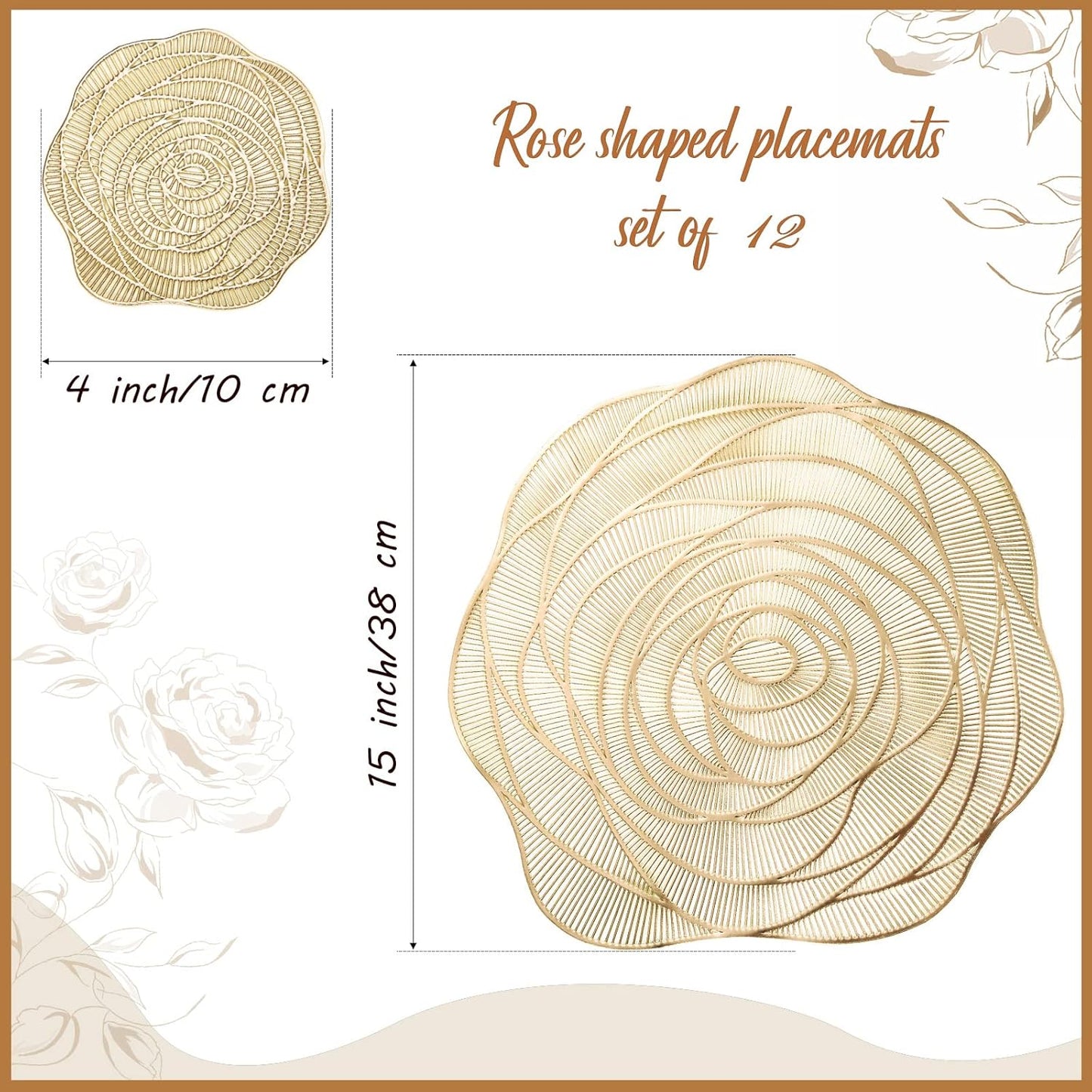 Sieral 12 Set 15 Inch Round Pressed Vinyl Placemats Hollow Out Rose Placemat Set Metallic Slip Resistant Place Mat Coaster Including Place Mats and Coasters for Wedding Dining Kitchen (Gold)