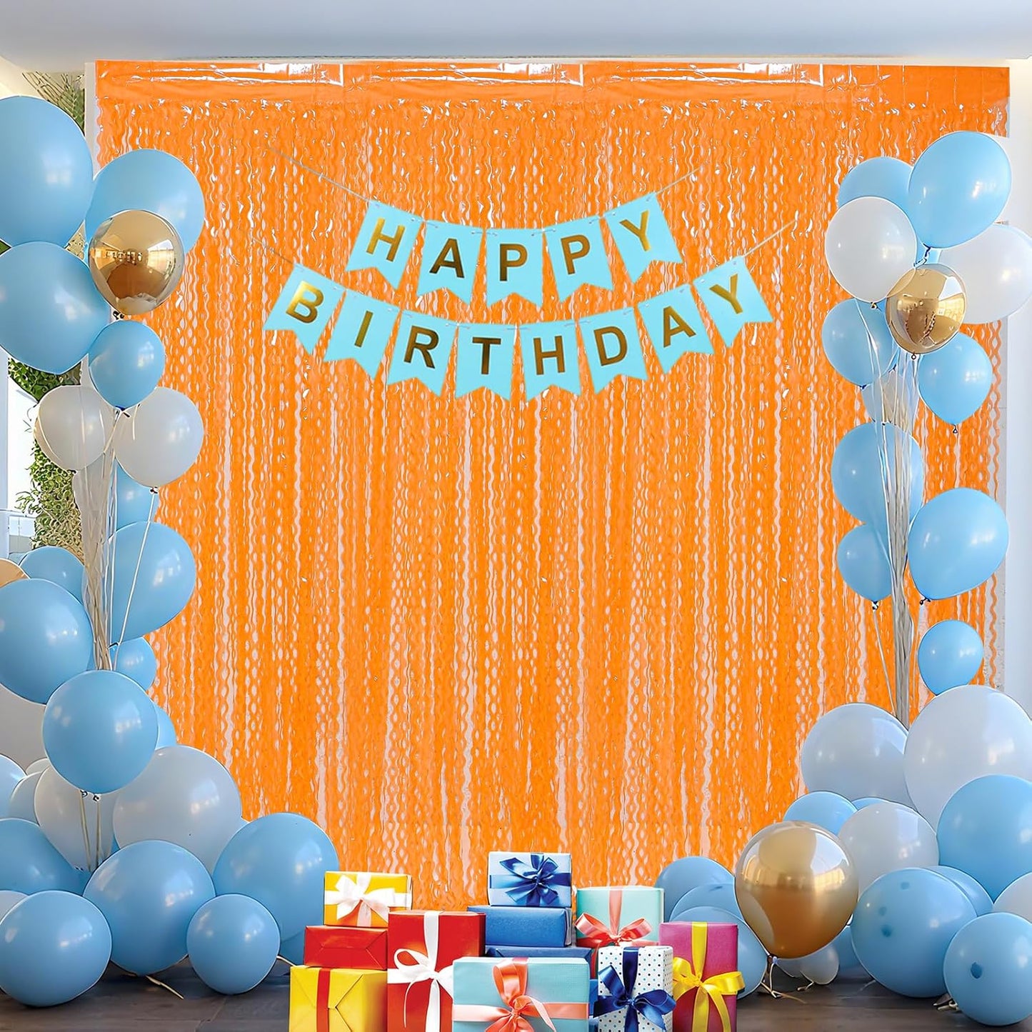 4 Pack Wavy Orange Foil Fringe Curtain Party Decorations - Orange Foil Backdrop Birthday Wedding Halloween Thanksgiving Friendsgiving Fall Party Decorations Supplies