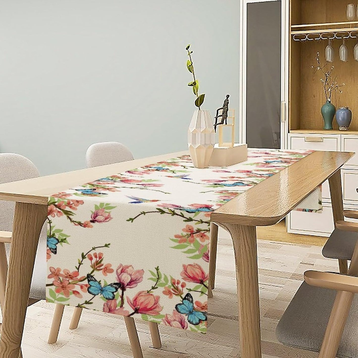 Floral Butterfly Table Runner Seasonal Spring Flower Bird Table Decoration Table Runner for Home Party Decoration 13x36 Inch