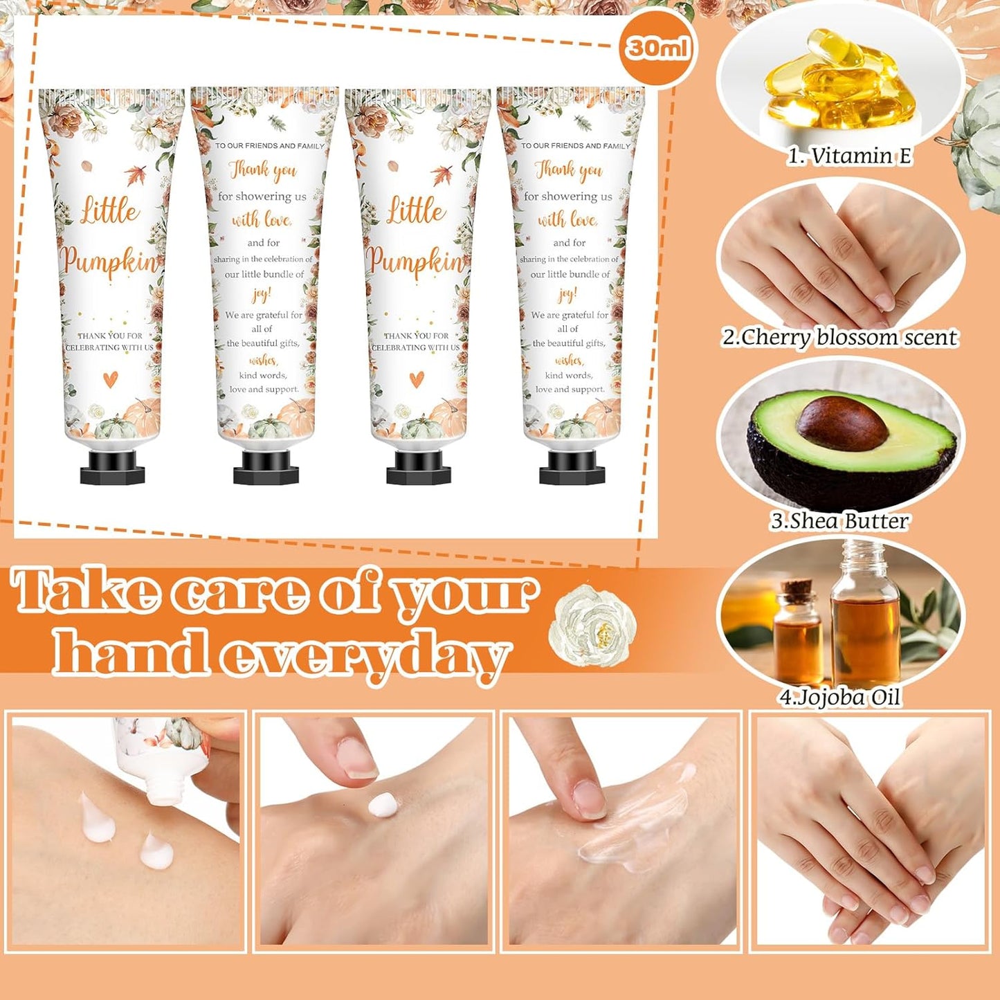 50 Sets 200 Pcs Baby Shower Hand Lotion and Lip Balm Gift Theme Baby Shower Party Favors Travel Size Hand Lotion and Lip Balm Bulk with Organza Bags Tags (Little Pumpkin)