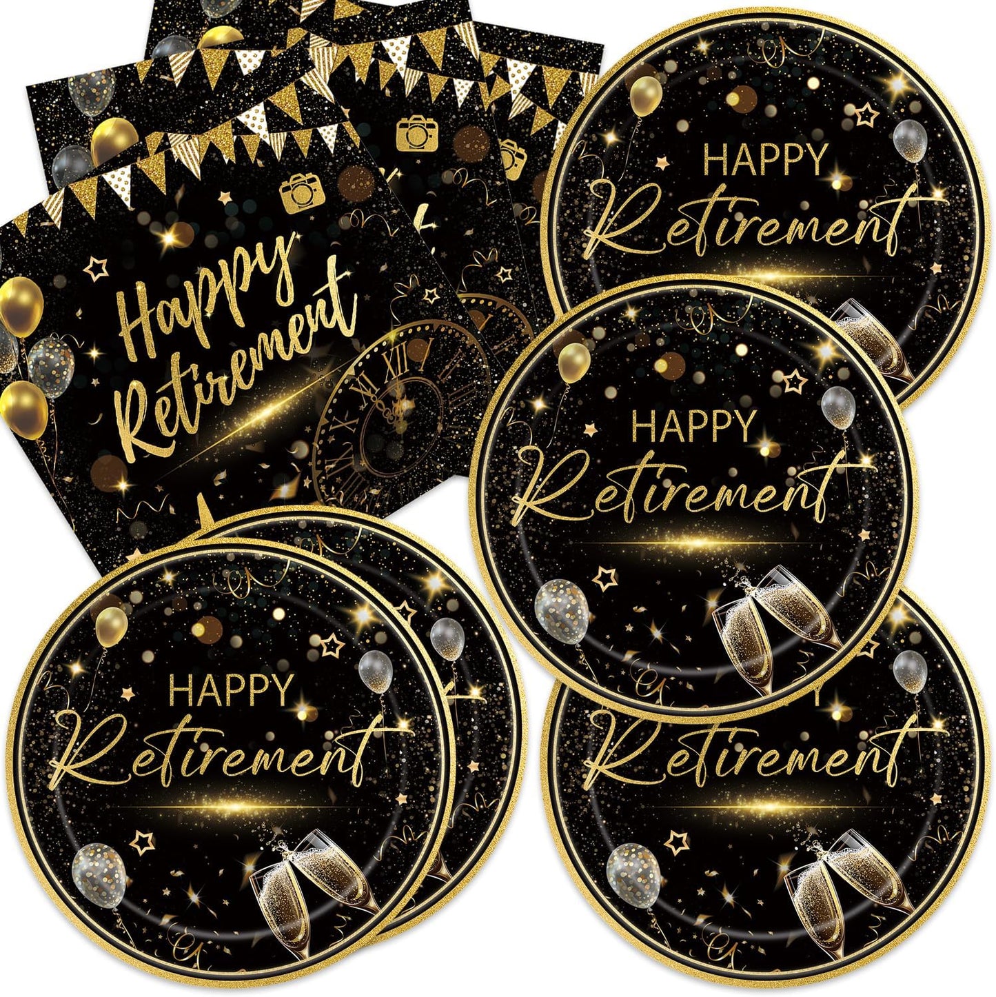 40pcs Happy Retirement Party Supplies Decorations Set, Black Gold Happy Retirement Plates and Napkins for Men and Women, Suitable for 20 Guests