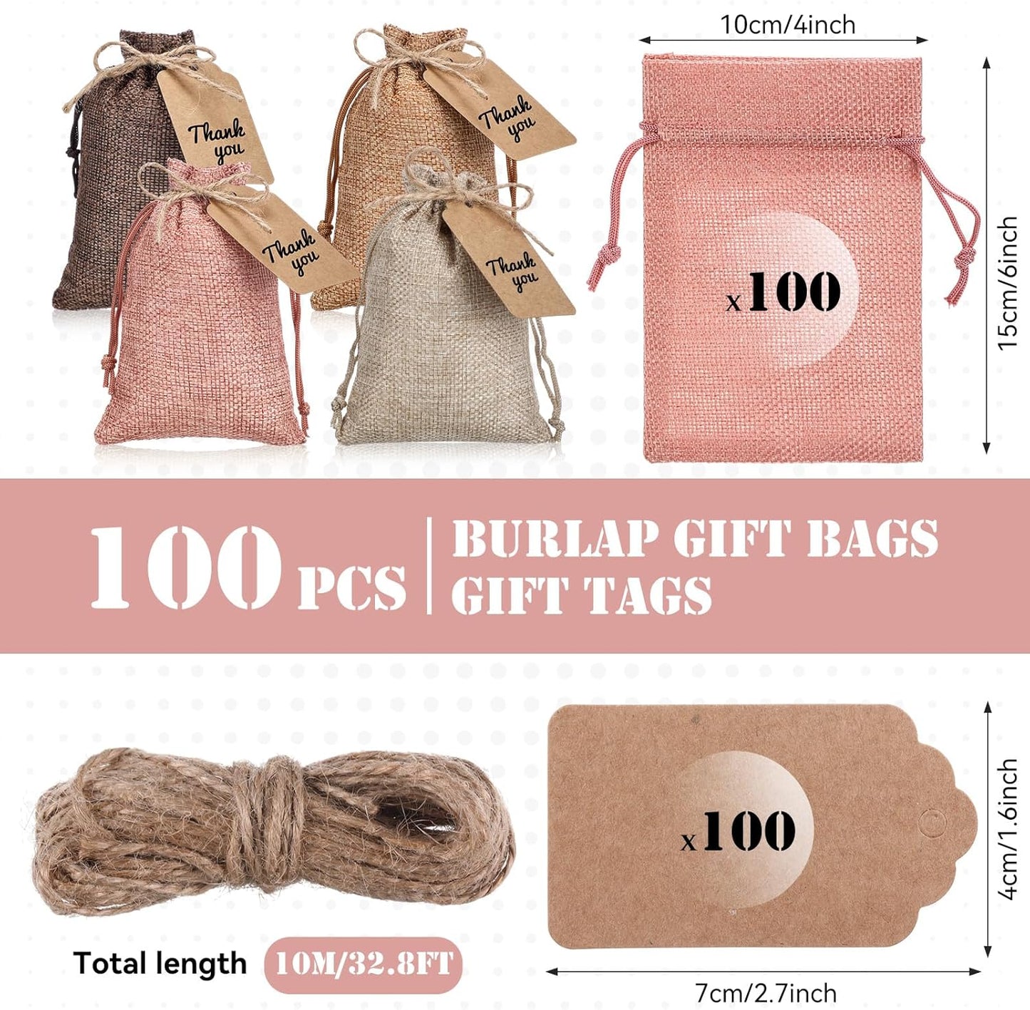Woanger 100 Pcs Burlap Gift Bags with 100 Pcs Kraft Paper Gift Tags Drawstring Favor Bulk Burlap Sack Bags for DIY Wedding Party Craft(4 x 6 Inch,Beige, Medium Brown, Dark Brown, Gray Pink)