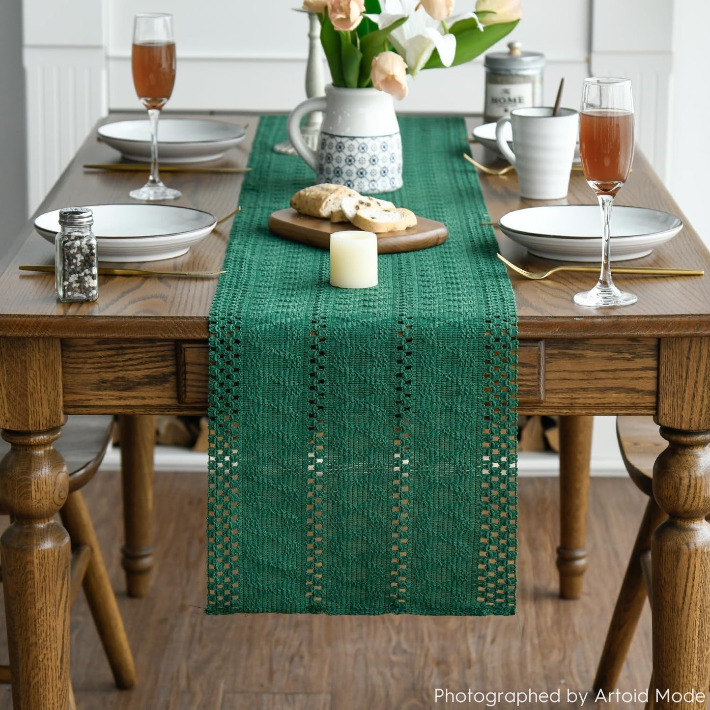 Artoid Mode Dark Green Farmhouse Woven Rustic Hollow Table Runner, Seasonal Holiday Hollow Kitchen Dining Table Decoration for Home Party Decor 12x60 Inch