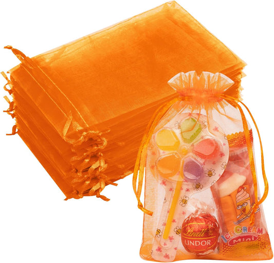 50 Pcs Orange Organza Bags 4x6 Inch, Small Mesh Drawstring Gift Bags for Halloween Treats, Candy, Birthday Party Favors