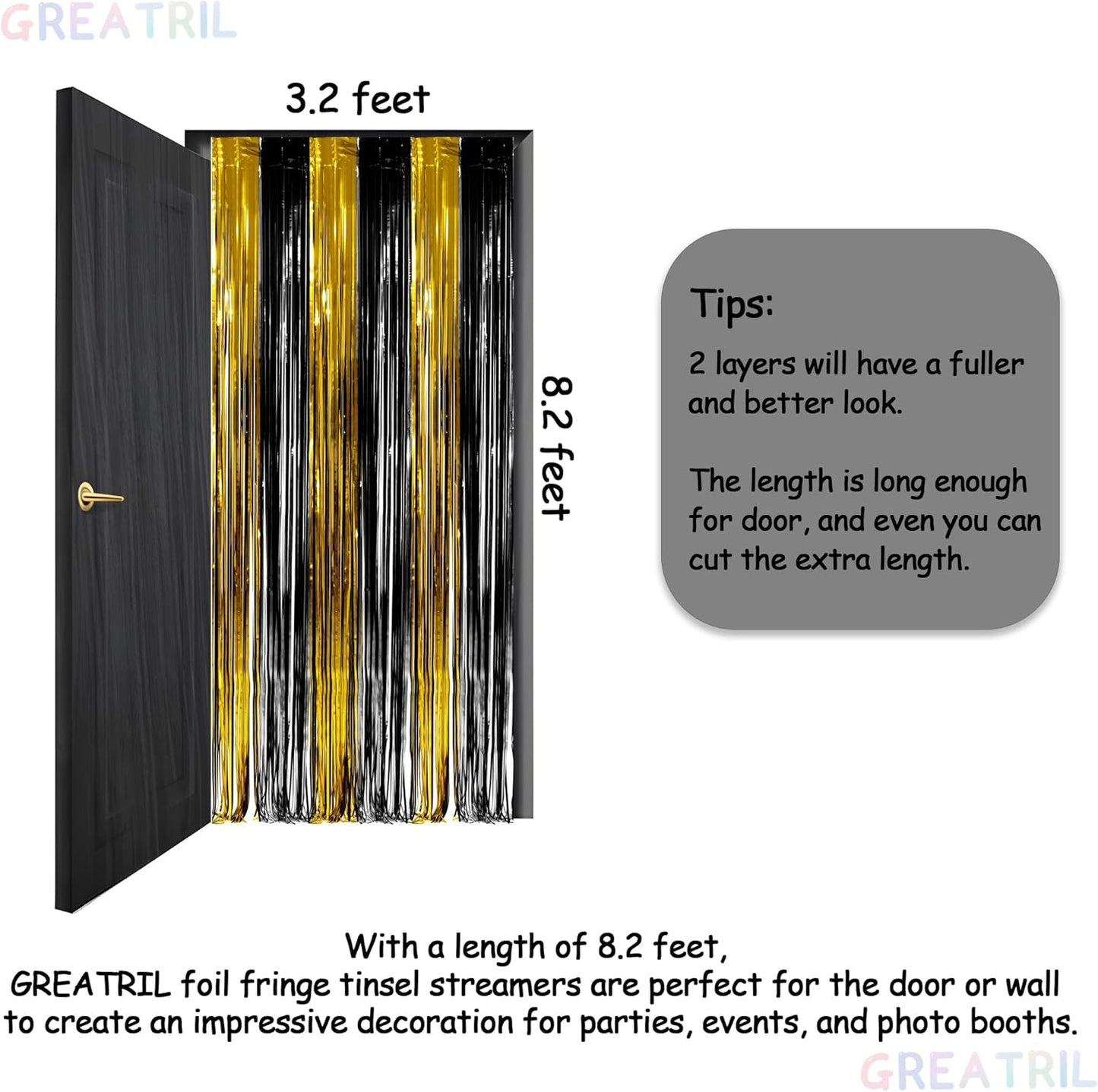 Black and Gold Party Streamers Decoration - GREATRIL Foil Fringe Backdrop for 2026 NYE/Anniversary/Farewell/Cocktail/Prom/EID/Birthdays - 3.2ft X 8.2ft - 2 Packs