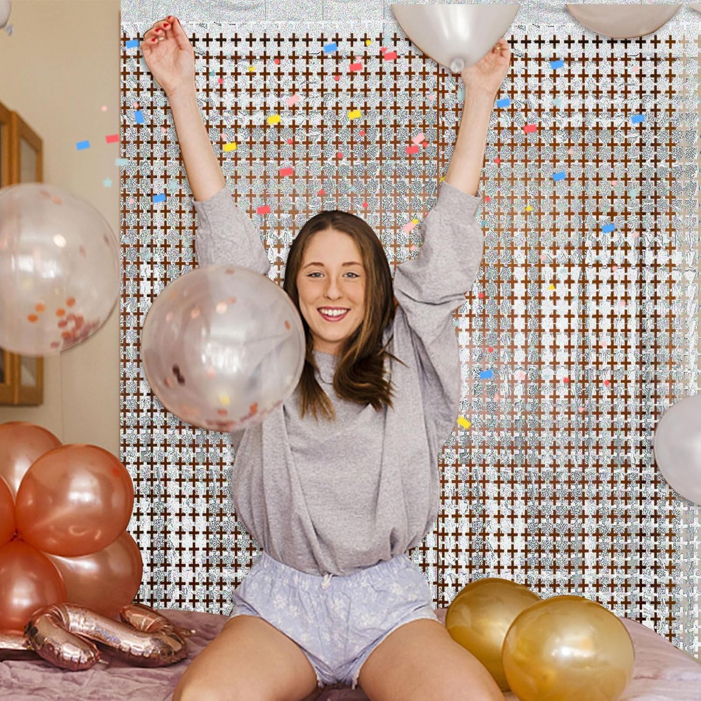 Square Tinsel Curtain Backdrop - 10pcs Glitter Foil Fringe Curtain Decor Silver Photo Booth Backdrop Streamers for Halloween, Christmas, Birthday, Graduation, Wedding Party Decorations