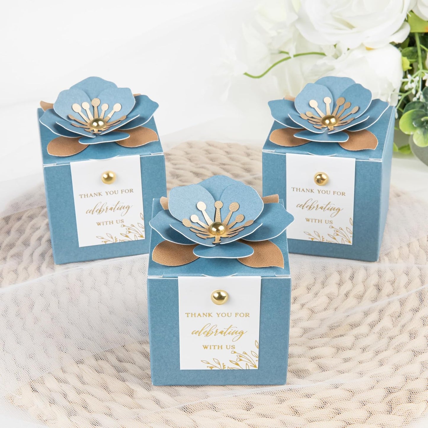 FEIYI 20 PCS Favor Boxes, 3 In 1 Dusty Blue Candy Boxes with Floral Decor, White Thank You Tags Gold Foil Print Gift wrapping for Wedding, Baby Shower, Birthday, Decorations Party - 2.55x2.55x2.55