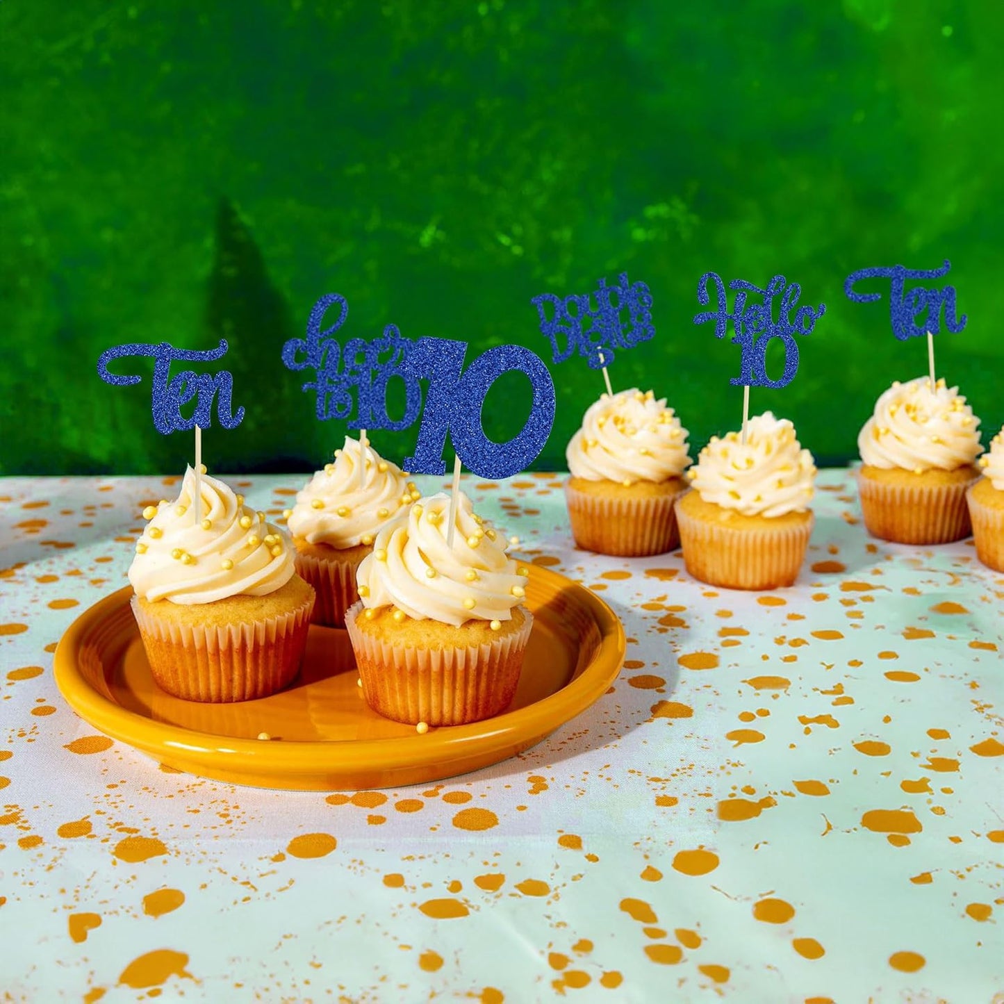 30Pcs 10th Birthday Cupcake Toppers Ten Double Hello 10 Cupcake Picks Cheers to 10 Years Old Cake Decorations for 10th Birthday Party Supplies Deep Blue Glitter