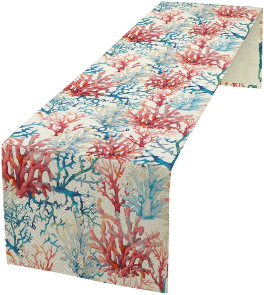 Blue Beach Table Runner, Tropical Ocean Coast Table Runner, Seashell Seasonal Nautical Restaurant Coffee Table Decorations for Home Holiday Party Indoor Outdoor 13x108 Inch