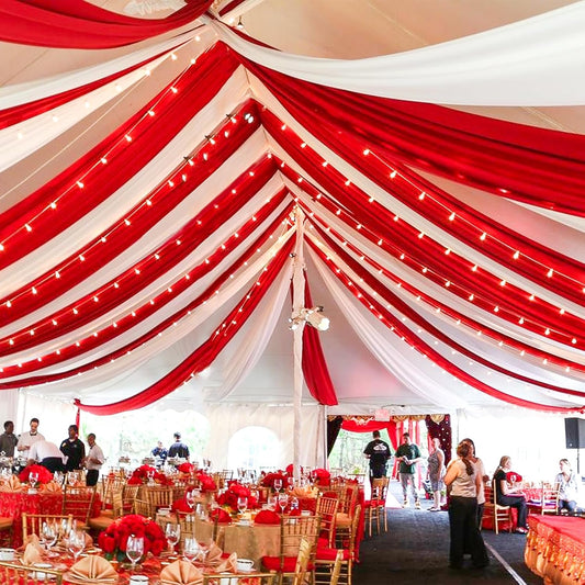 6 Panels Red Ceiling Drapes for Wedding 5ftx30ft Chiffon Fabric Arch Draping Curtains Sheer Drapery for Party Ceremony Birthday Baby Shower Reception Stage Swag Ceiling Decorations