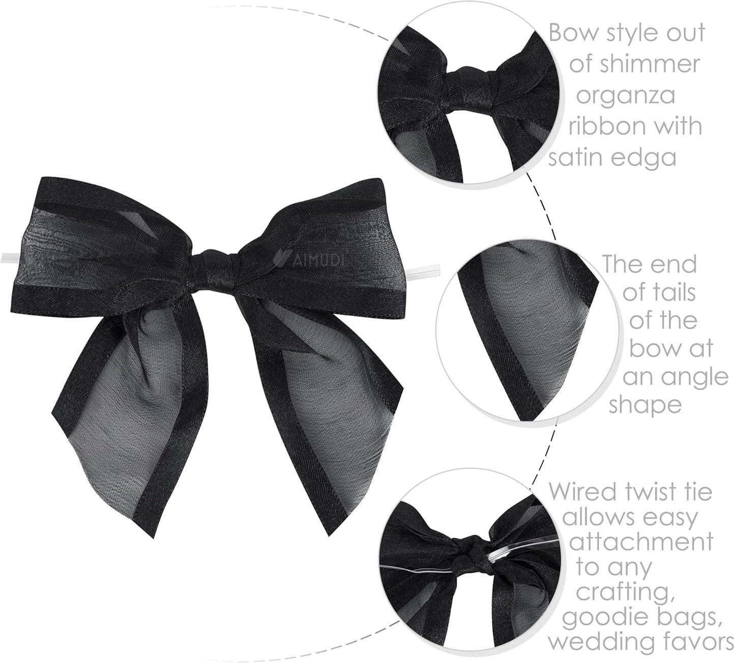 AIMUDI Black Bows for Crafts 4" Organza Bows Premade Twist Ties Bows for Gift Wrapping Treat Bags Baskets Cake Pop Baby Shower Birthday Wedding Decor - 12 Counts