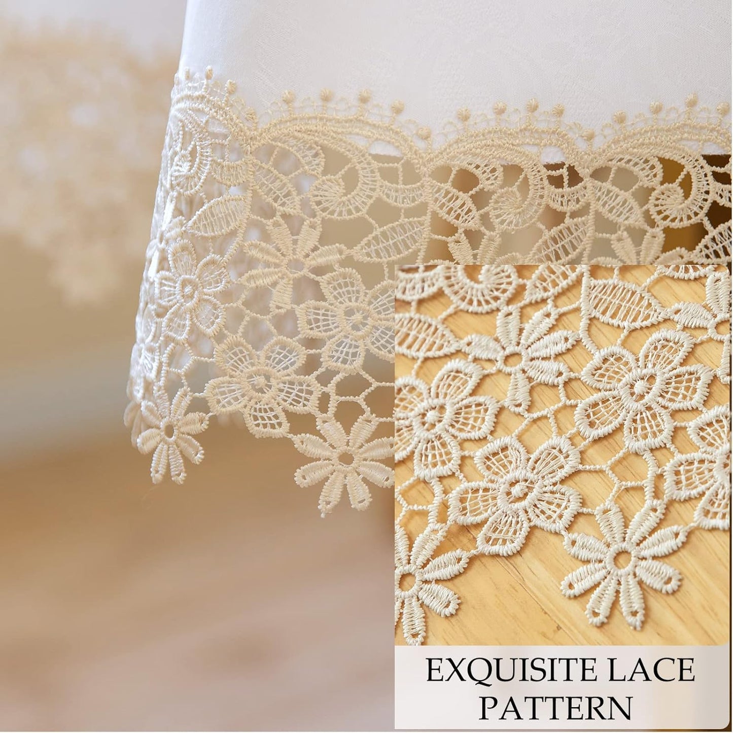 Beige lace Premium Round Farmhouse Tablecloth Waterproof OilProof SpillProof AntiShrink Soft Wrinkle Resistant Decorative Fabric Table Cover Kitchen Dinning Party Wedding Banquet