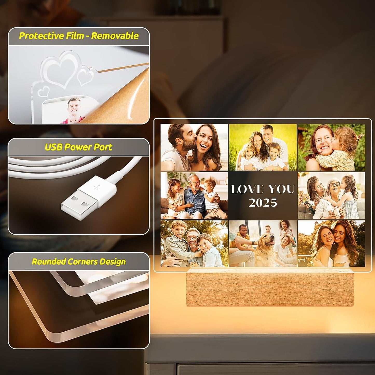 Custom Picture Frames with Photos, Personalized Photo Frame with Night Light, Customized Picture Frame, Personalized Birthday Photo Gifts for Women Men Mom Dad Grandma Grandpa Baby Kid Family Friends