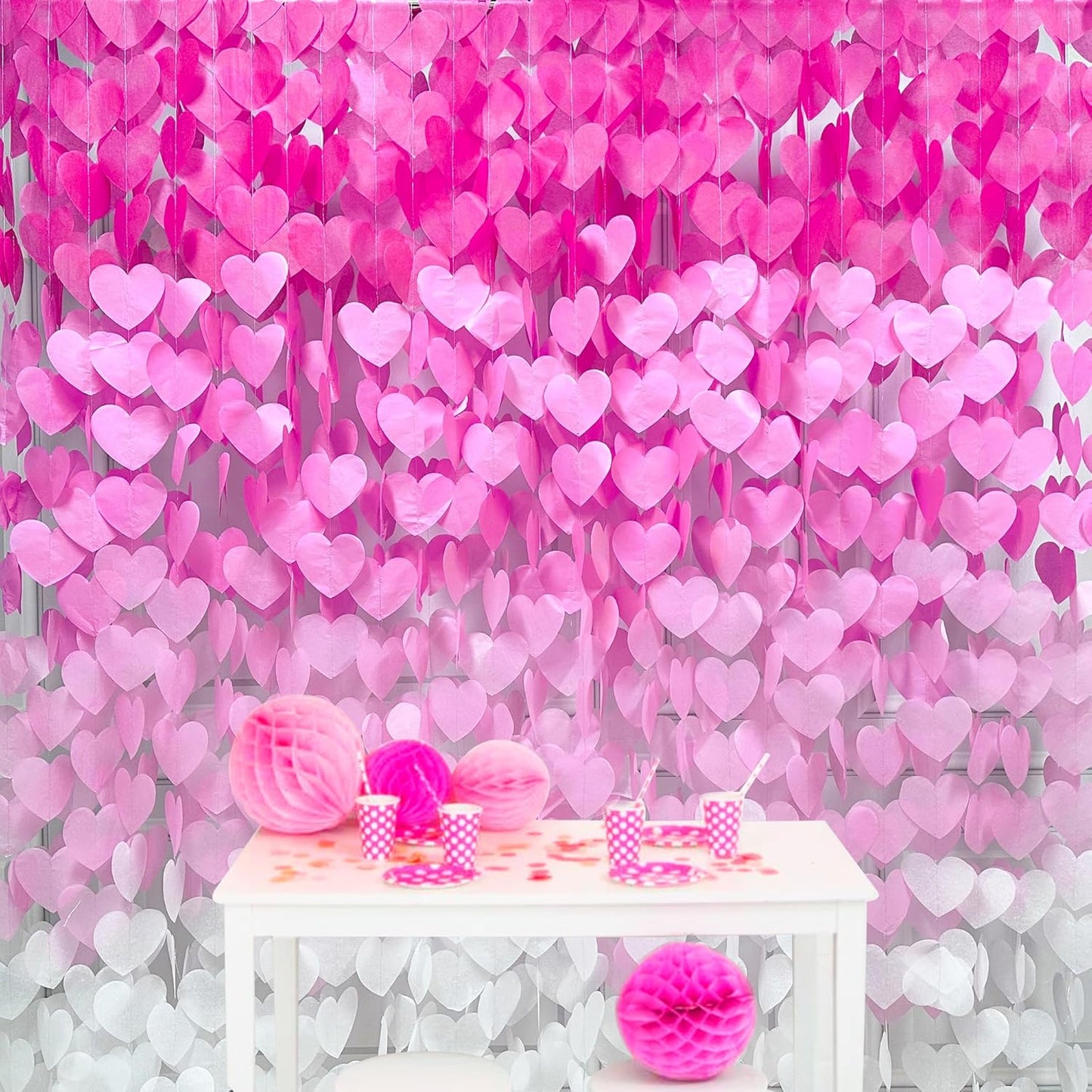 205 Ft Hot Pink Party Decorations Ombre Pink White Heart Backdrop Streamer Tissue Paper Heart Hanging Garland for Birthday Bachelorette Valentines Day Wedding Bridal Shower Engagement Party Supplie