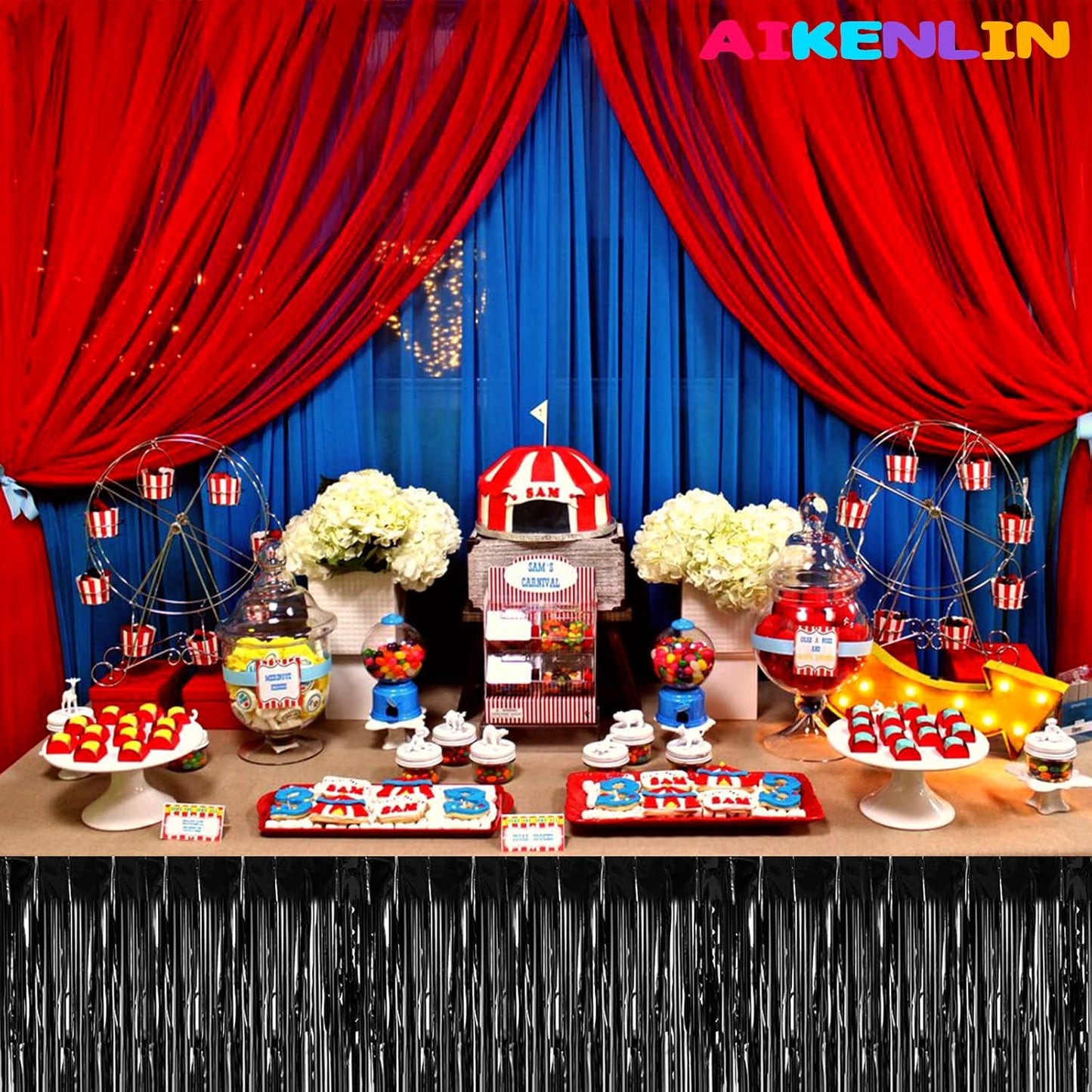 6 Pack 29x108 Inch Metallic Foil Fringe Tinsel Table Skirts Banner for Rectangle Tables Streamer Garland Curtains Backdrop for Wedding, Birthday, Parade Floats, Christmas Party Decoration(Black)