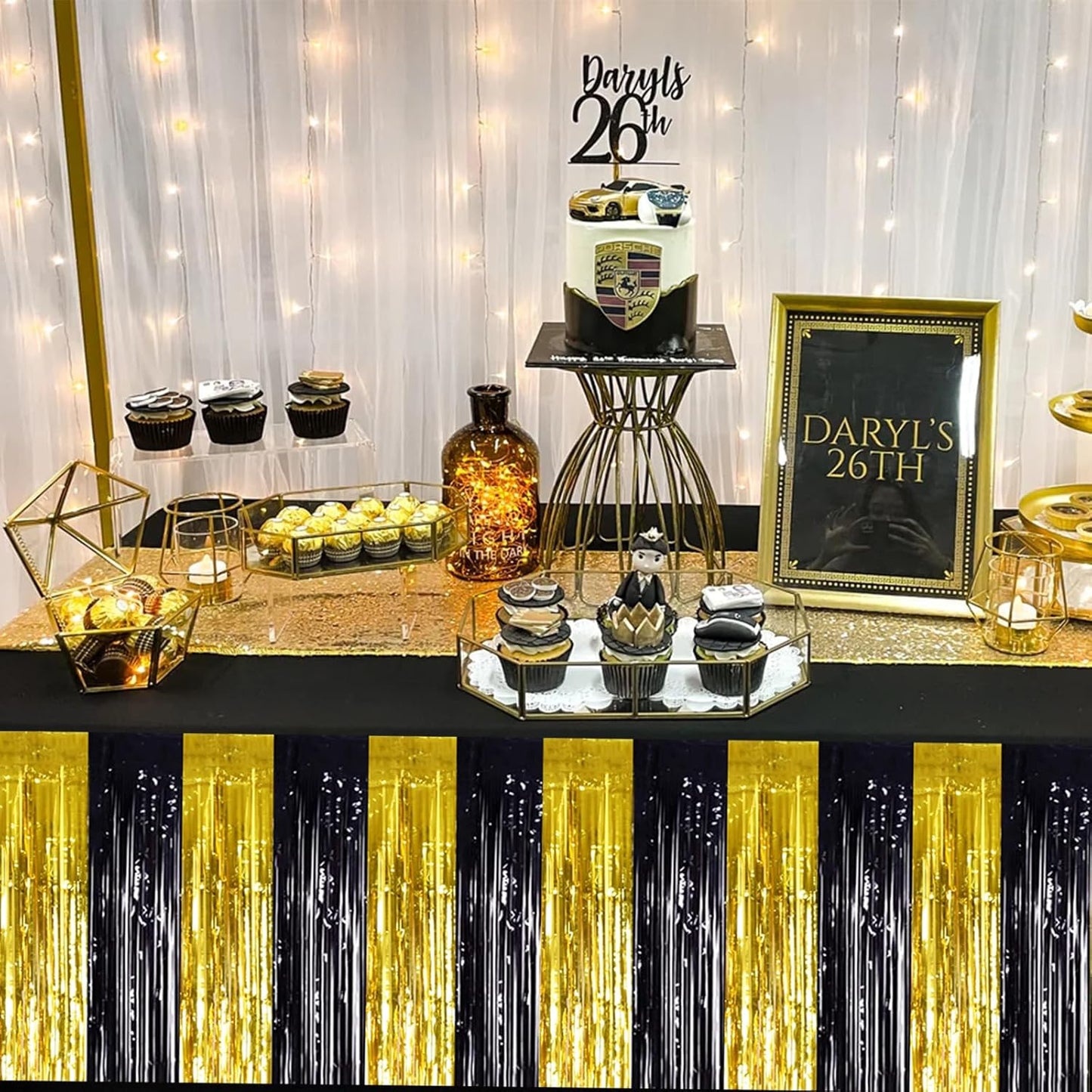 BEISHIDA 2 Pack Black Gold Table Skirts Party Decorations Metallic Tinsel Foil Fringe Decors for Rectangle and Round Table Birthday Retirement Anniversary Graduation Congrats 2026 Party