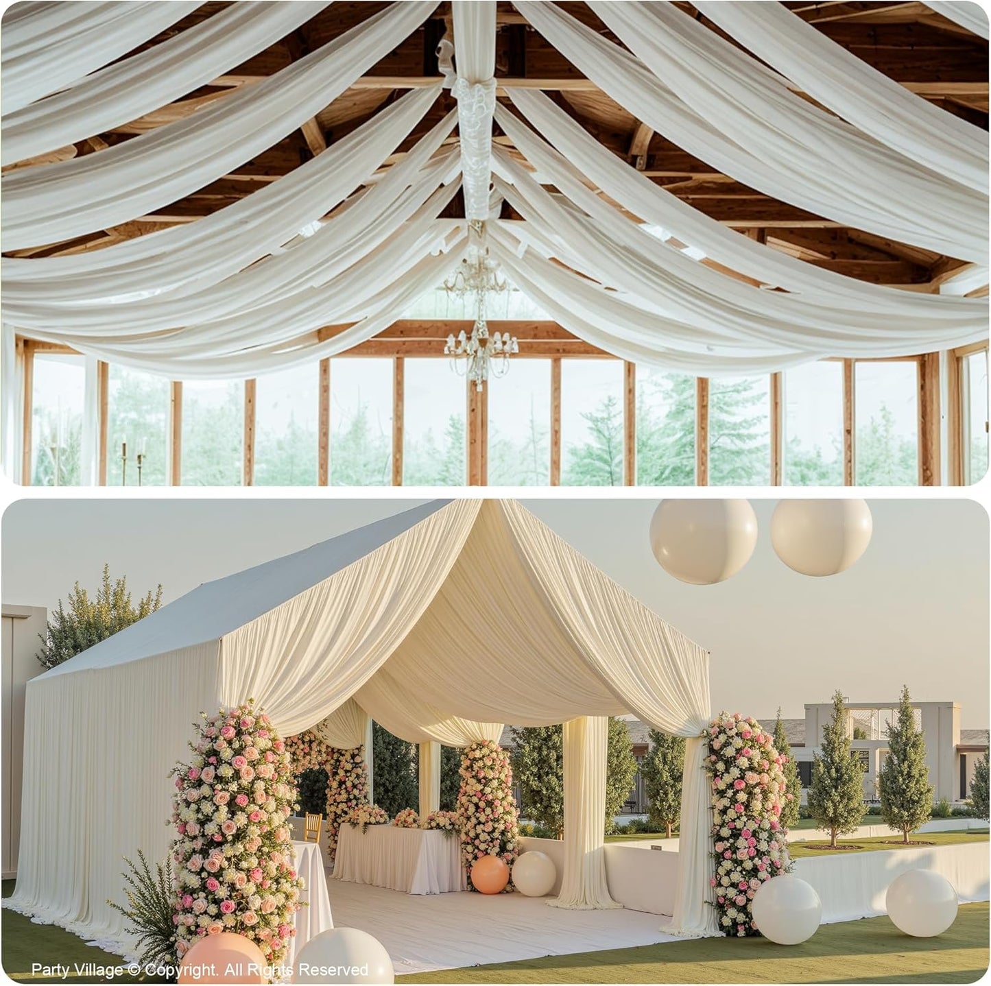 PartyVillage 50ftx40ft Ivory Ceiling Curtain for Wedding Parties – 10 Panels Wrinkle-Free 40 FT Long Tent Draping Curtains for Wedding, Birthday & Theme Parties, 40ft Height with Rod Pocket