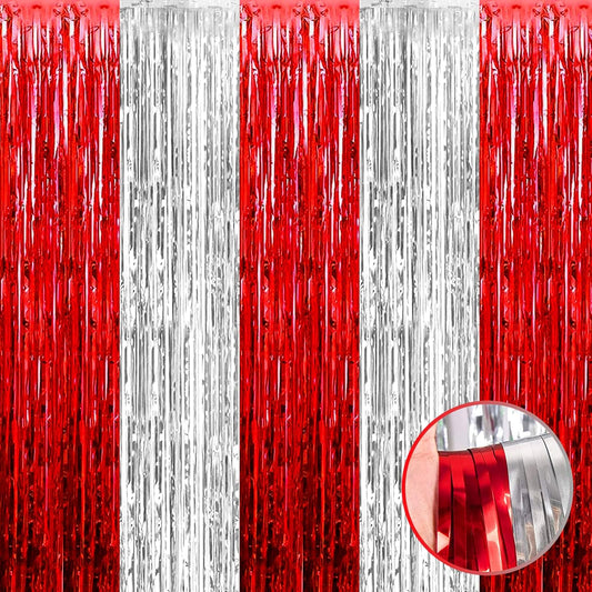 4 Pack Silver Red Foil Fringe Curtain Backdrop, 3.28Ft x 9.8Ft Metallic Tinsel Foil Fringe Streamers Curtains for Photo Booth, Wedding, Circus Welcome Carnival Birthday Party Decoration