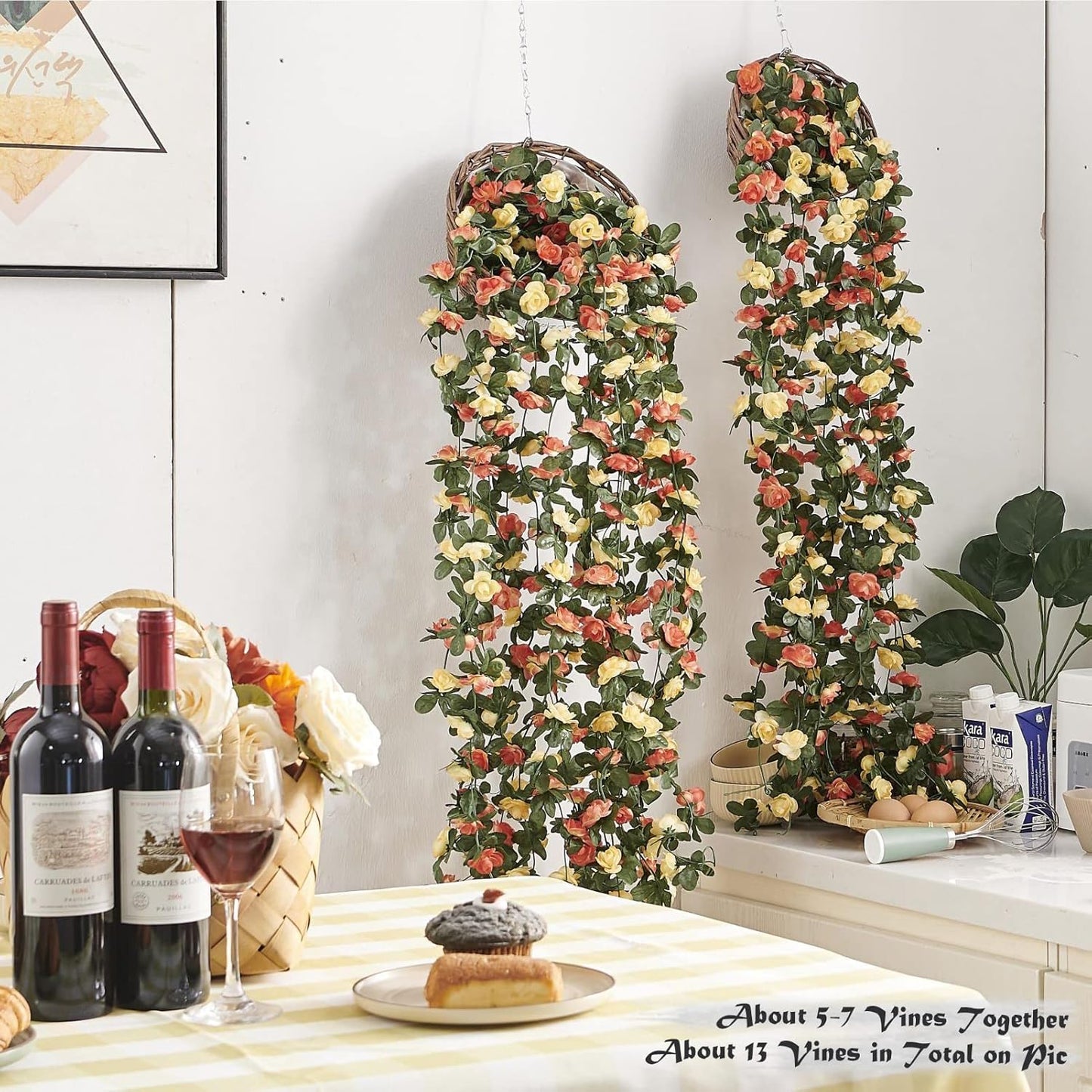 6 Pcs x 8.2 ft Flower Garland Artificial Rose Vine Flowers with Green Leaves Hanging Fake Roses Vine for Room Party Home Wedding Birthday Christmas Wall Arch Decor, Champagne Flower