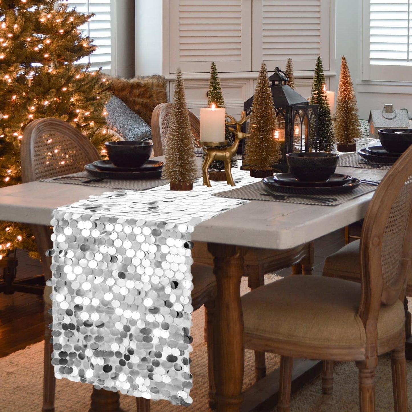 VHH Sequin Table Runner 12 x 108 inches Silver Table Runner, Glitter Runner for Party Wedding Birthday, Party Spring Easter Rustic, Birthday Supplies Decorations (1 Pack).