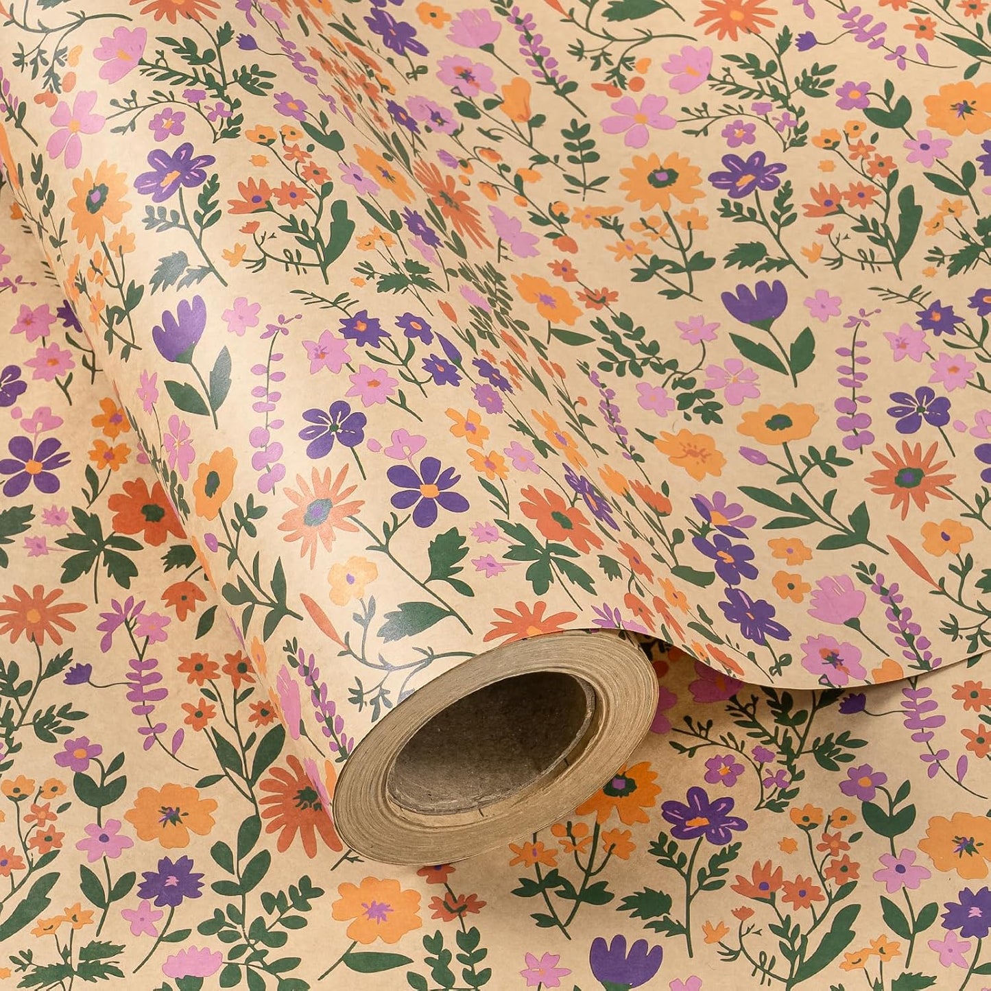 WRAPAHOLIC Kraft Floral Wrapping Paper Roll - Mini Roll - 17 Inch x 9.8 Feet - Vintage Flower Wrapping Paper, Perfect for Wedding, Birthday, Bridal Shower, Tea Party
